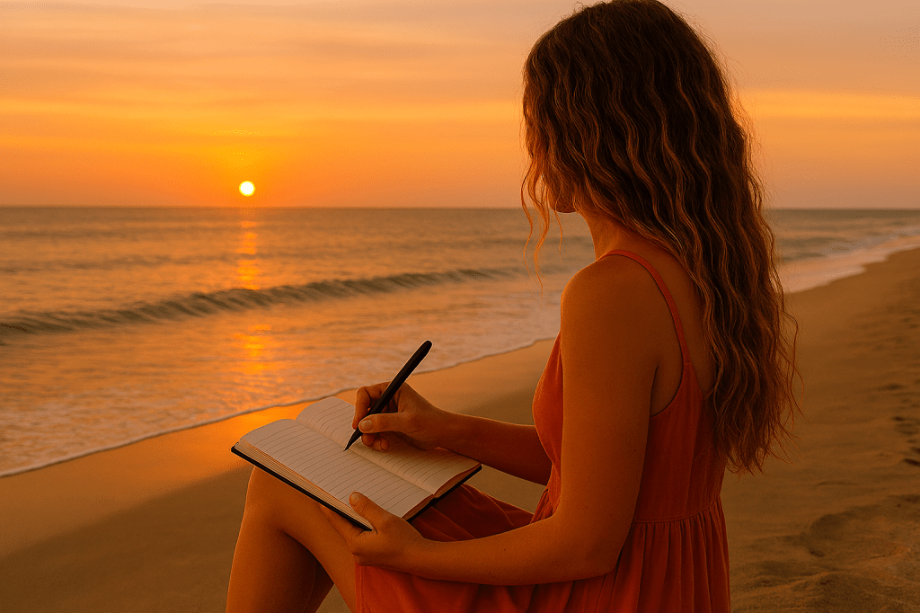 Woman gazing at the sunset by the ocean writing in a notebook